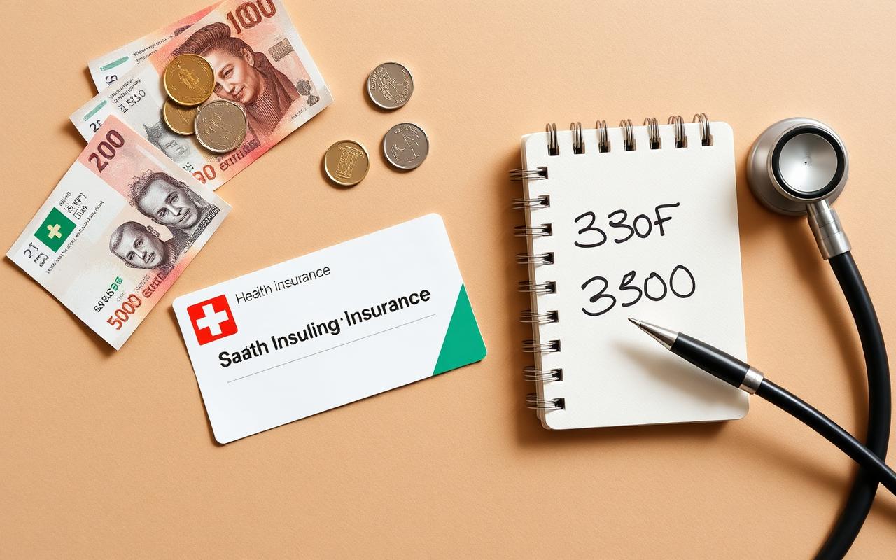 Versicherungskarte, Schweizer Franken-Noten und ein Notizblock mit den Zahlen 300 und 2'500 — Symbolbild für die Wahl der Krankenkassen-Franchise