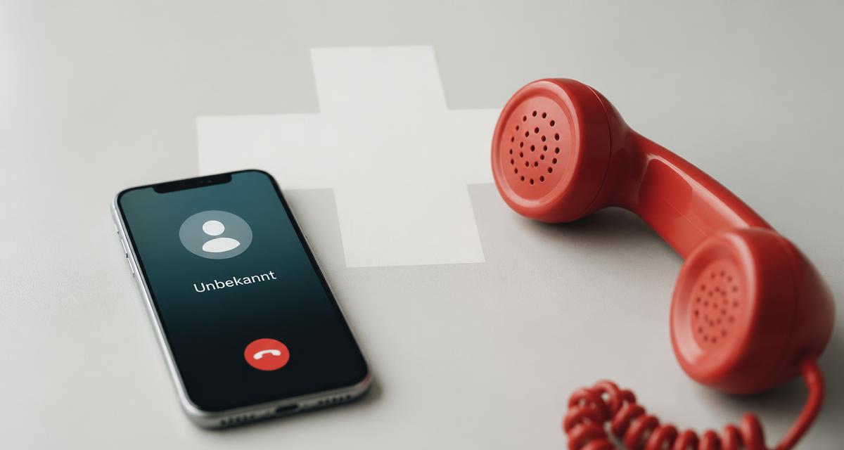 Smartphone mit eingehendem Anruf von "Unbekannt" neben rotem Telefonhörer vor Schweizer Kreuz — Symbolbild unerwünschte Krankenkassen-Werbeanrufe Schweiz