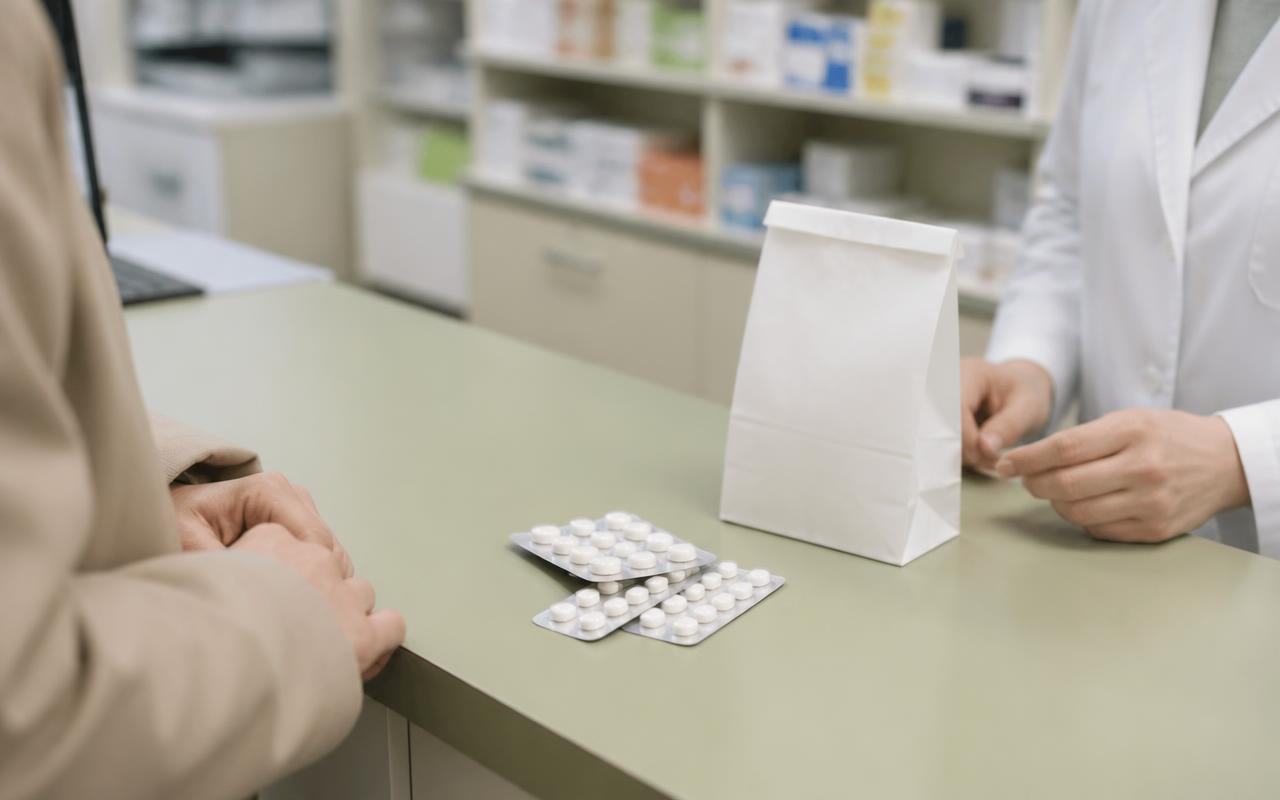 Apothekentheke mit Medikamenten-Blistern und einer Papiertüte — Symbolbild für Medikamentenrabatte und Krankenkassenprämien