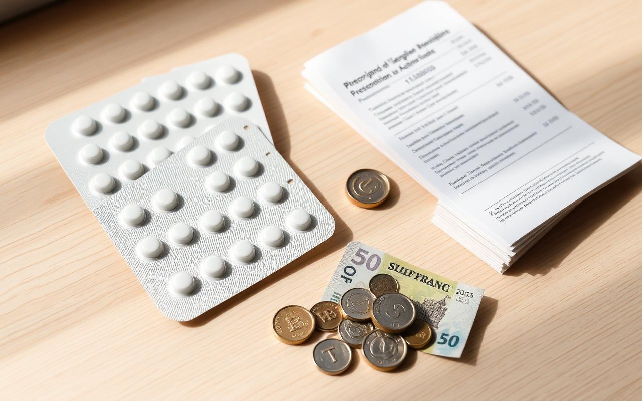 Medikamenten-Blister, Apothekenbeleg und Schweizer Franken auf einem Holztisch — Symbolbild Medikamentenrabatte und Krankenkassenprämien